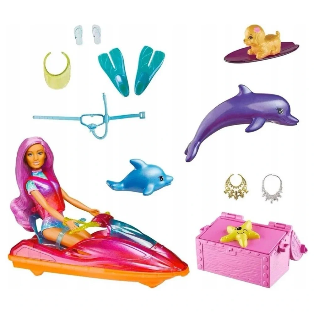 Barbie Beach Doll w/ Jet Ski Snorkel Fins + Puppy & Dolphins Dreamtopia NEW